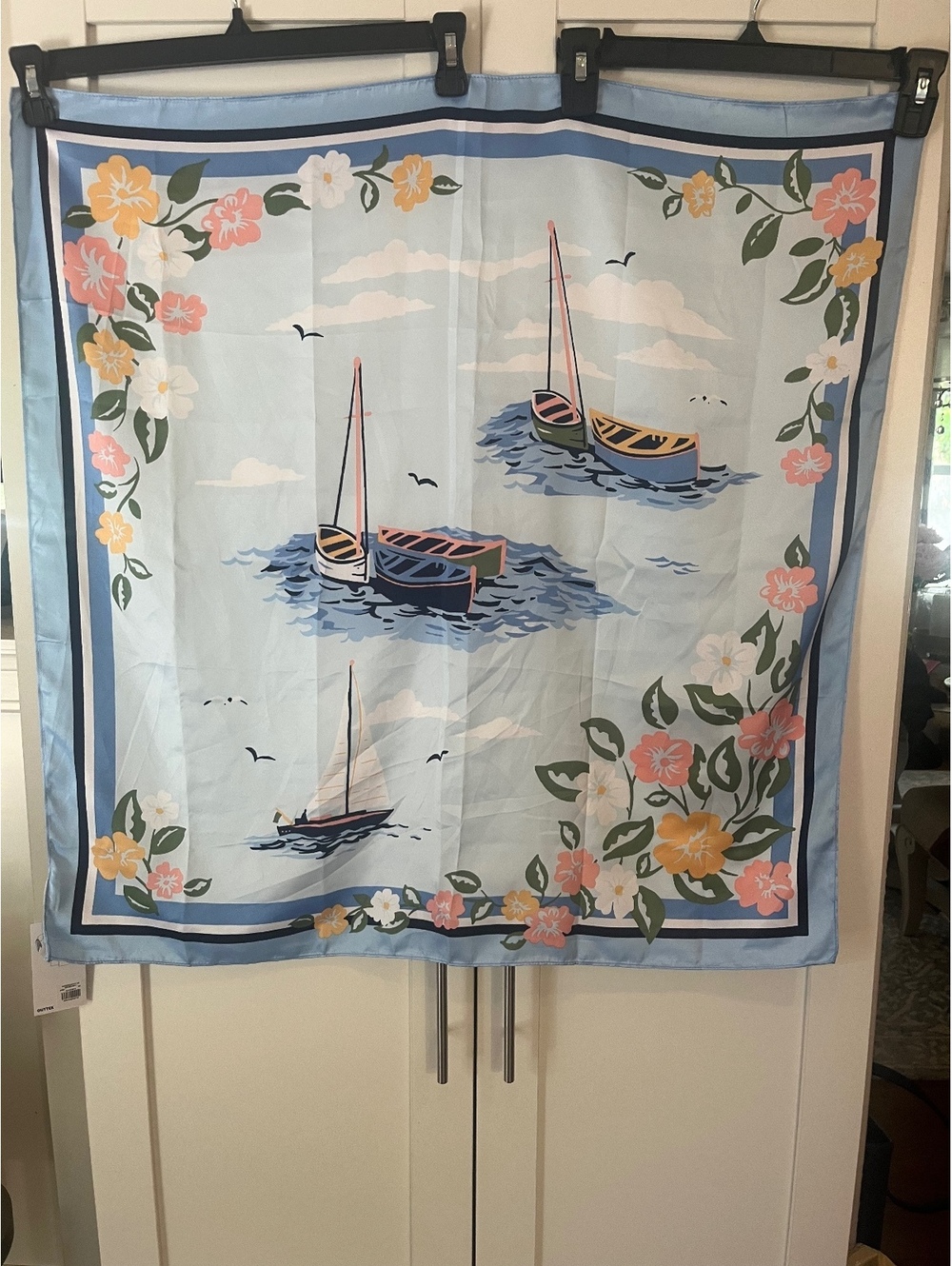 Vintage Light Blue Scarf with Sailboat and Floral Print, One Size